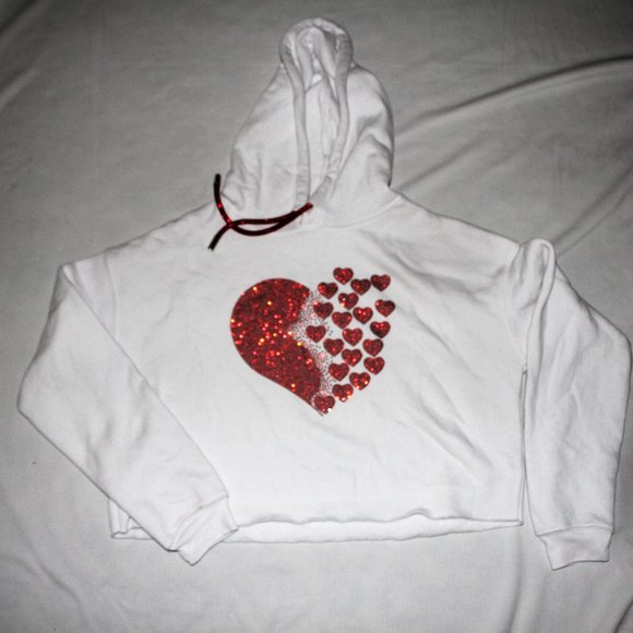 NWT Red Hearts Crystals On White Cropped Hoodie M - Picture 12 of 14